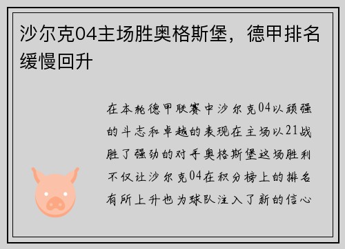 沙尔克04主场胜奥格斯堡，德甲排名缓慢回升