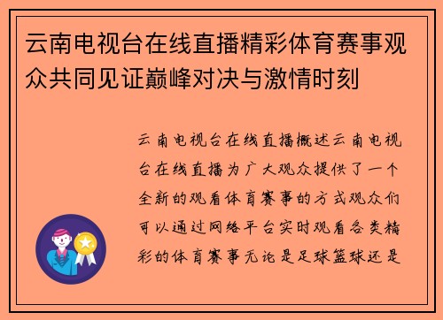 云南电视台在线直播精彩体育赛事观众共同见证巅峰对决与激情时刻