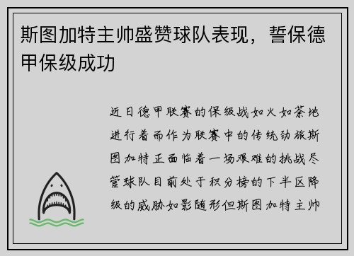 斯图加特主帅盛赞球队表现，誓保德甲保级成功
